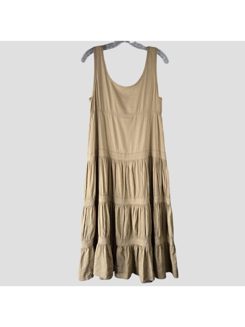 Theory Linen Blend Midi Dress Tan Sleeveless Tiered Cottage Lagenlook Minimalist - Picture 2 of 13